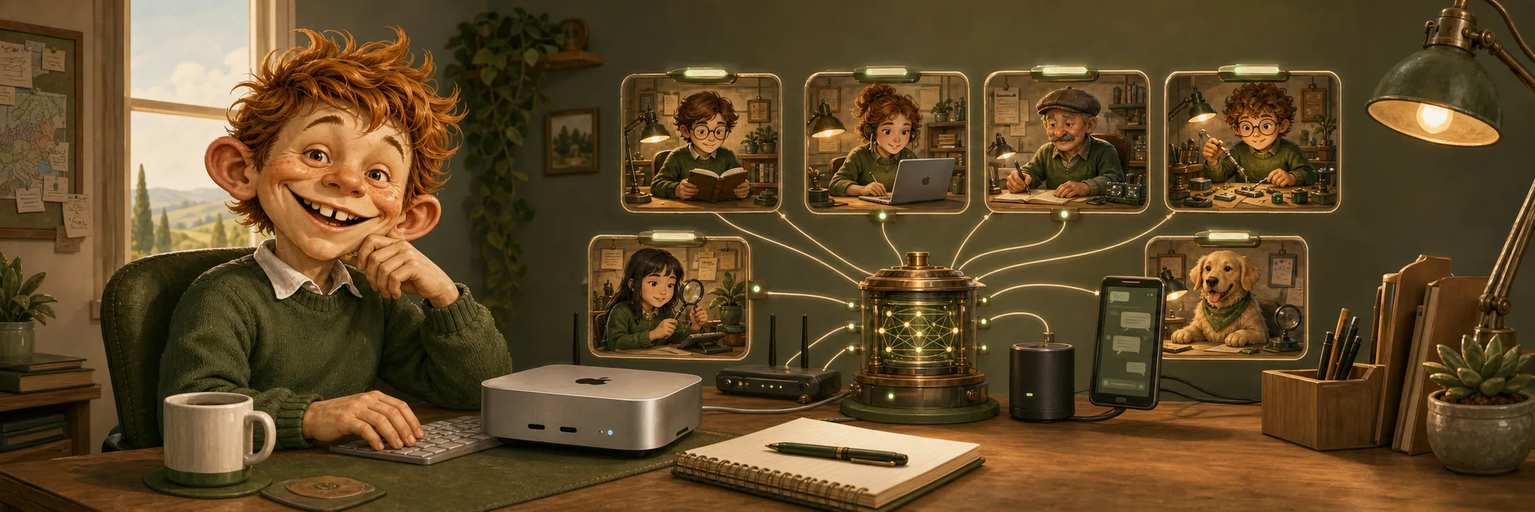 Alfred an seinem lokalen Mac mini mit einem koordinierten Team spezialisierter Agenten im Hintergrund.
