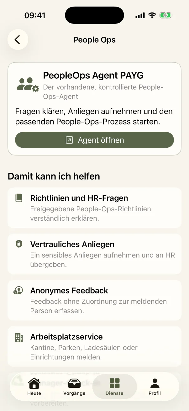 People-Ops-Bereich der HABA Mitarbeiter-App mit Agent und internen Services
