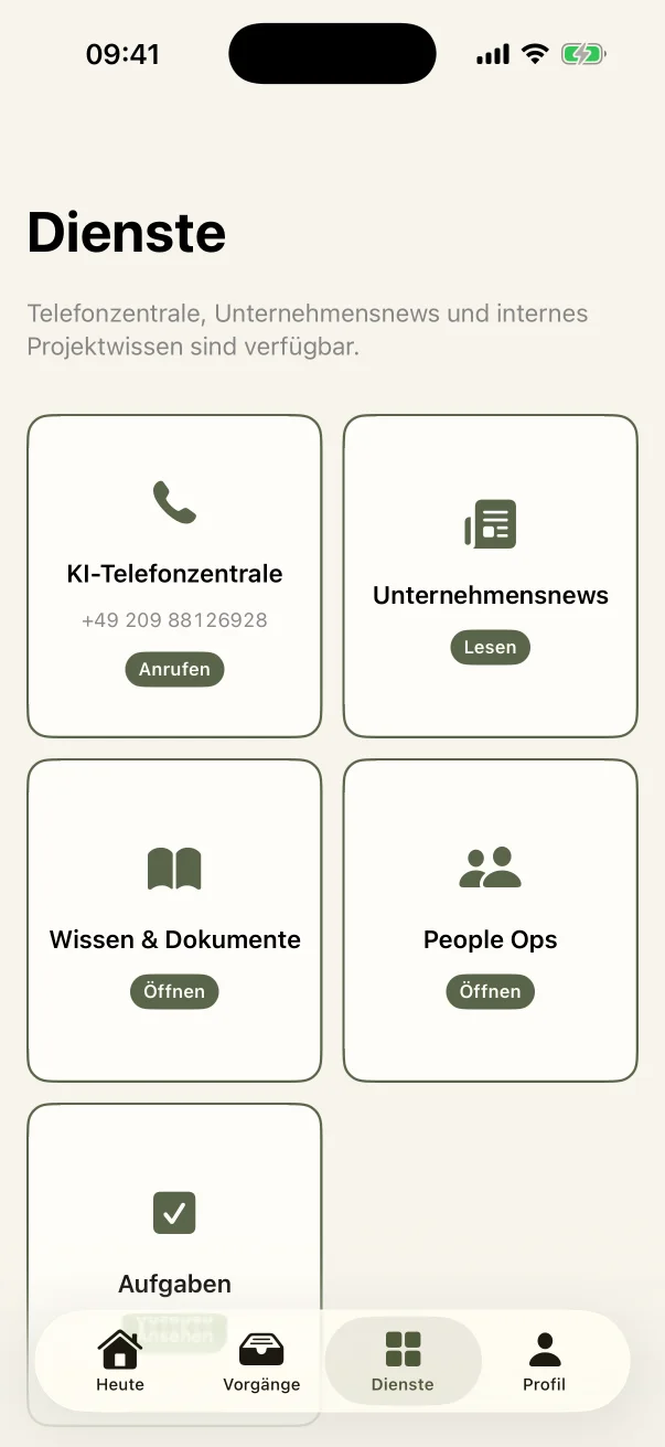 Dienste der nativen HABA Mitarbeiter-App mit KI-Telefonzentrale, News, Wissen, People Ops und Aufgaben