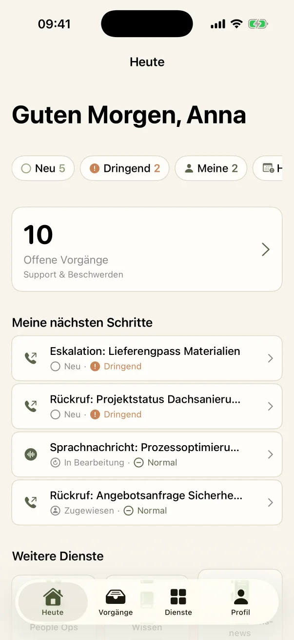 Heute-Ansicht der HABA Mitarbeiter-App mit offenen und dringenden Vorgängen